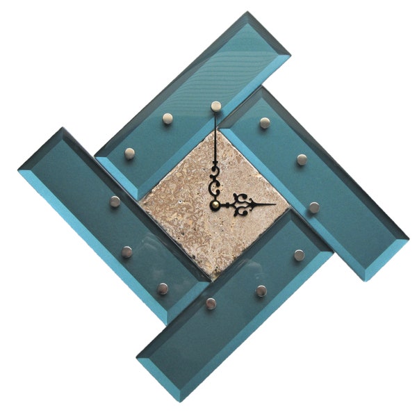 Mosaic Stone & Glass Wall Clock, Elegant Handcrafted Natural Marble with blue Glass Wall Clock