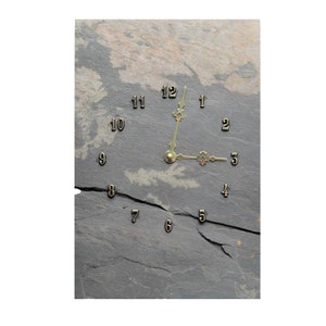 Slate Stone Wall Clock, Handcrafted Western Fissure Slate Stone Wall Clock, Gold Number Hour Markers & Brass Hands