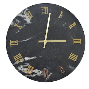 12&quot; Maravilla Black Marble Wall Clock, Elegant Natural Black Stone Clock, Elegant Clock with Gold Plated Numerals