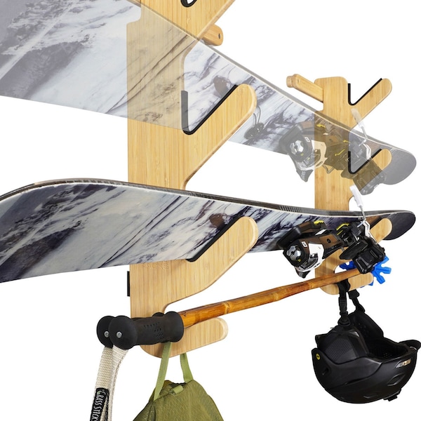 Premium Bambus / Birke Ski Rack - Horizontale Indoor Ski Wandhalterungen und Garage Ski Aufbewahrung, Paddelhalter, Angelruten - Hallsteiner Serie