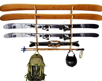 Premium Bamboo/Birch Ski Rack - Horizontal Indoor Ski Wall Rack and Garage Ski Storage, Paddles, Fishing Poles - Hallsteiner Series