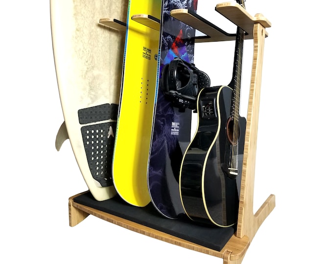 Freestanding Vertical Surfboard Rack - Bamboo/Birch Vertical Surf Stand - Holds Snowboards, Wakeboards, Wakesurf, & Guitars