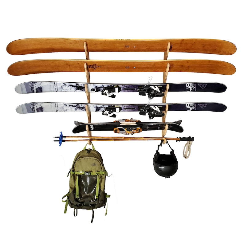 Premium Bamboo/Birch Ski Rack Horizontal Indoor Ski Wall Mounts and Garage Ski Storage, Paddle Rack, Fishing Poles Hallsteiner Series image 1