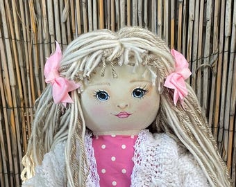 Muñeca rubia pintada a mano – Conjunto rosa hecho a mano, coleccionable, 45 cm (18 pulgadas)