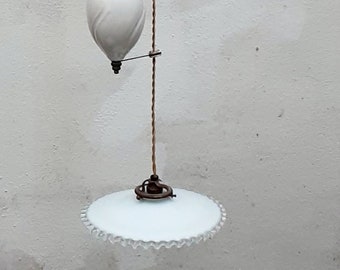 Vintage French Milk Glass Pendant Light Frilly Edge Counterbalance Light