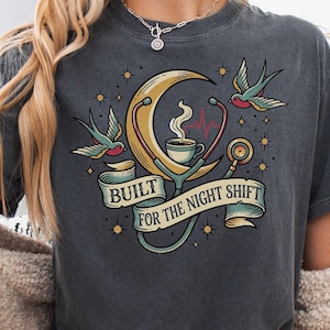 Night Shift Nurse Shirt, Traditional Tattoo RN Apparel, Moon Coffee Cup Tee