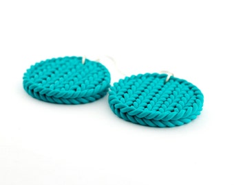 Faux knitted round earrings - knitted aqua green earrings - polymer clay colorful round earrings