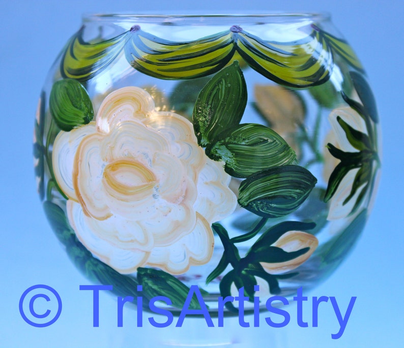 Hand Painted Petite White Rose Glass Globe Vase Bowl Etsy