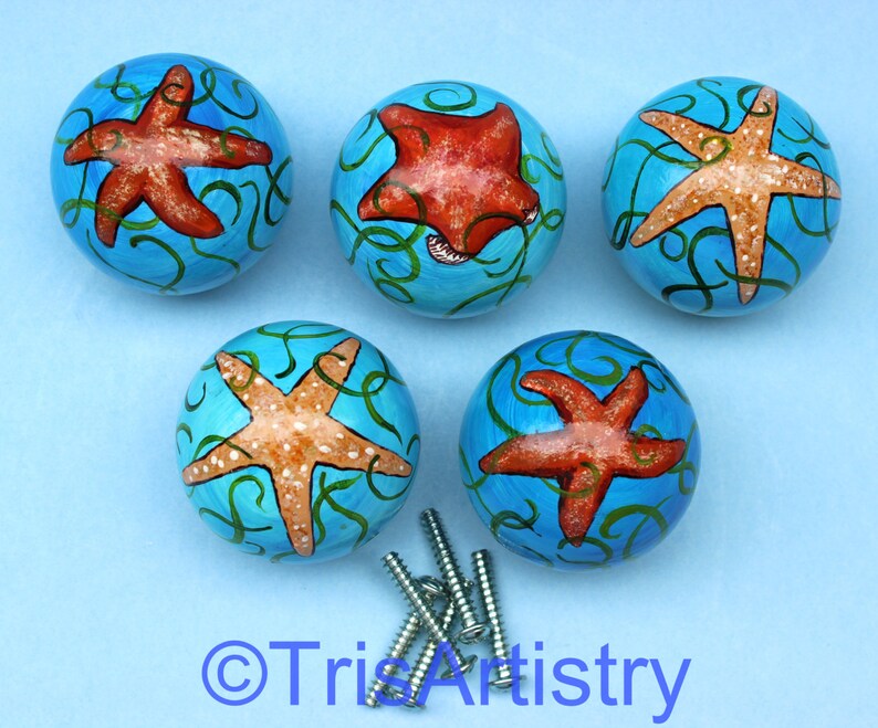 Five Hand Painted Starfish Drawer Pulls Knobs Etsy