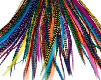 20 extensions de cheveux en plumes véritables : B-Grade Mixed Brights + Rings/Loop