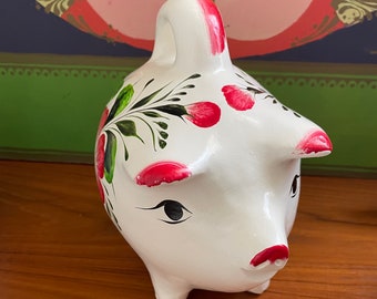 Large Tonala Ceramic Pig Bank with Red Floral Accents