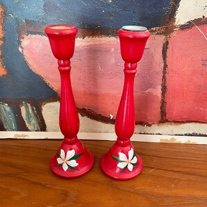 Set of 2 Tall Red Floral Swedish Candle Holders - Swedish Folk Art