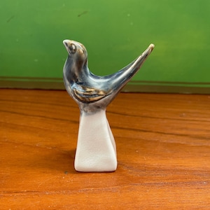 Small Vintage Blue Ceramic Bird on a Pedestal