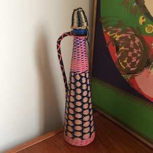 Colorful Mid Century Spain Plastic Woven Glass Bottle