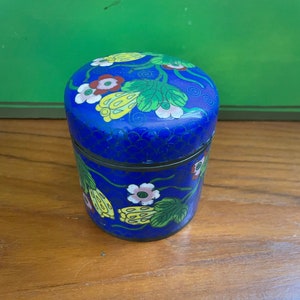 Vintage Blue Cloisonne Enamel Floral Round Box
