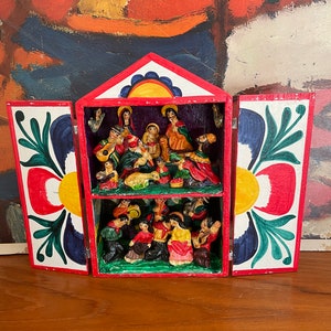 Large Vintage Colorful Retablo Nativity Scene