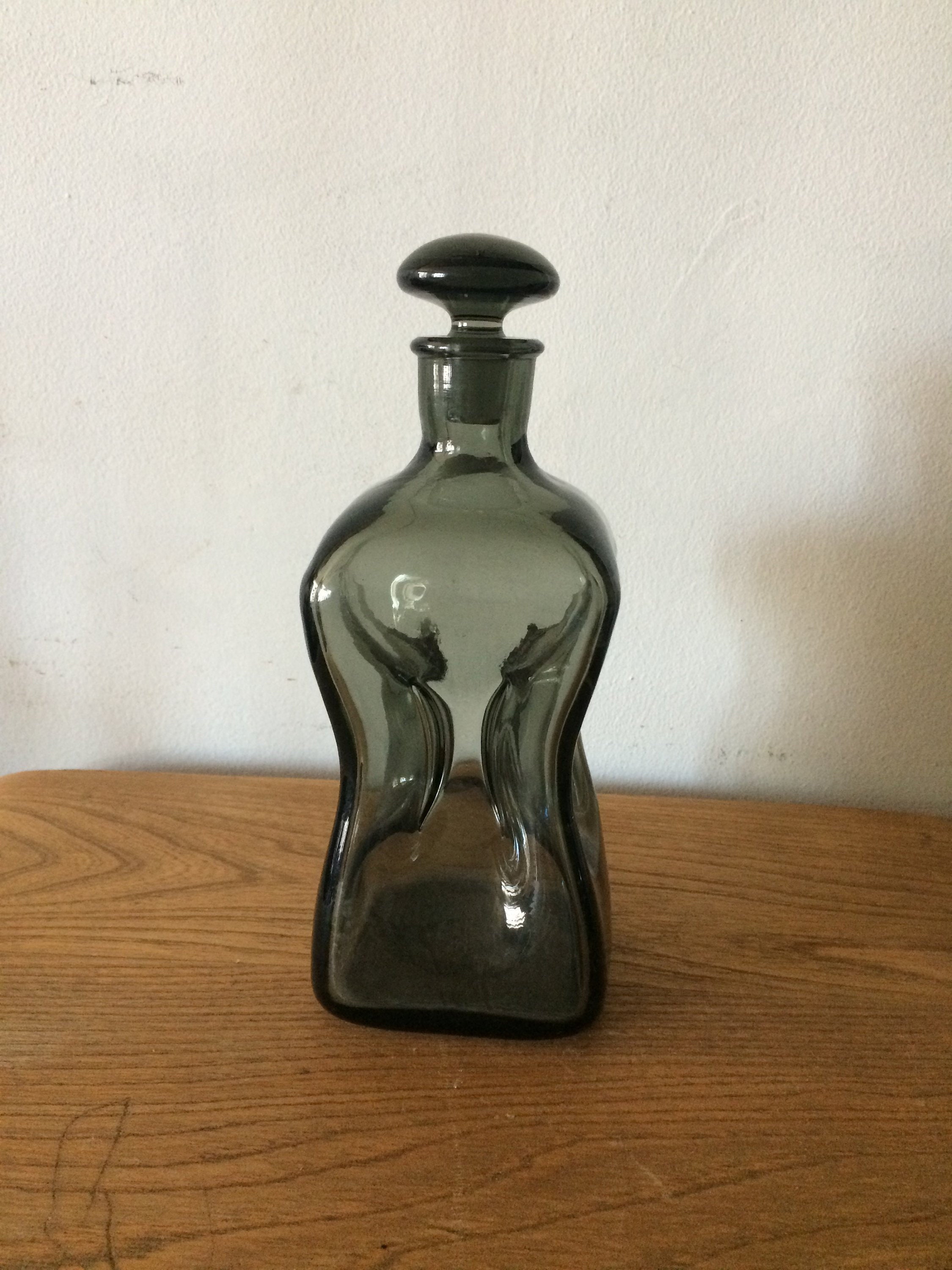 Vintage Grey Jacob Bang Holmegaard Kluk Pinched Glass Decanter With Stopper