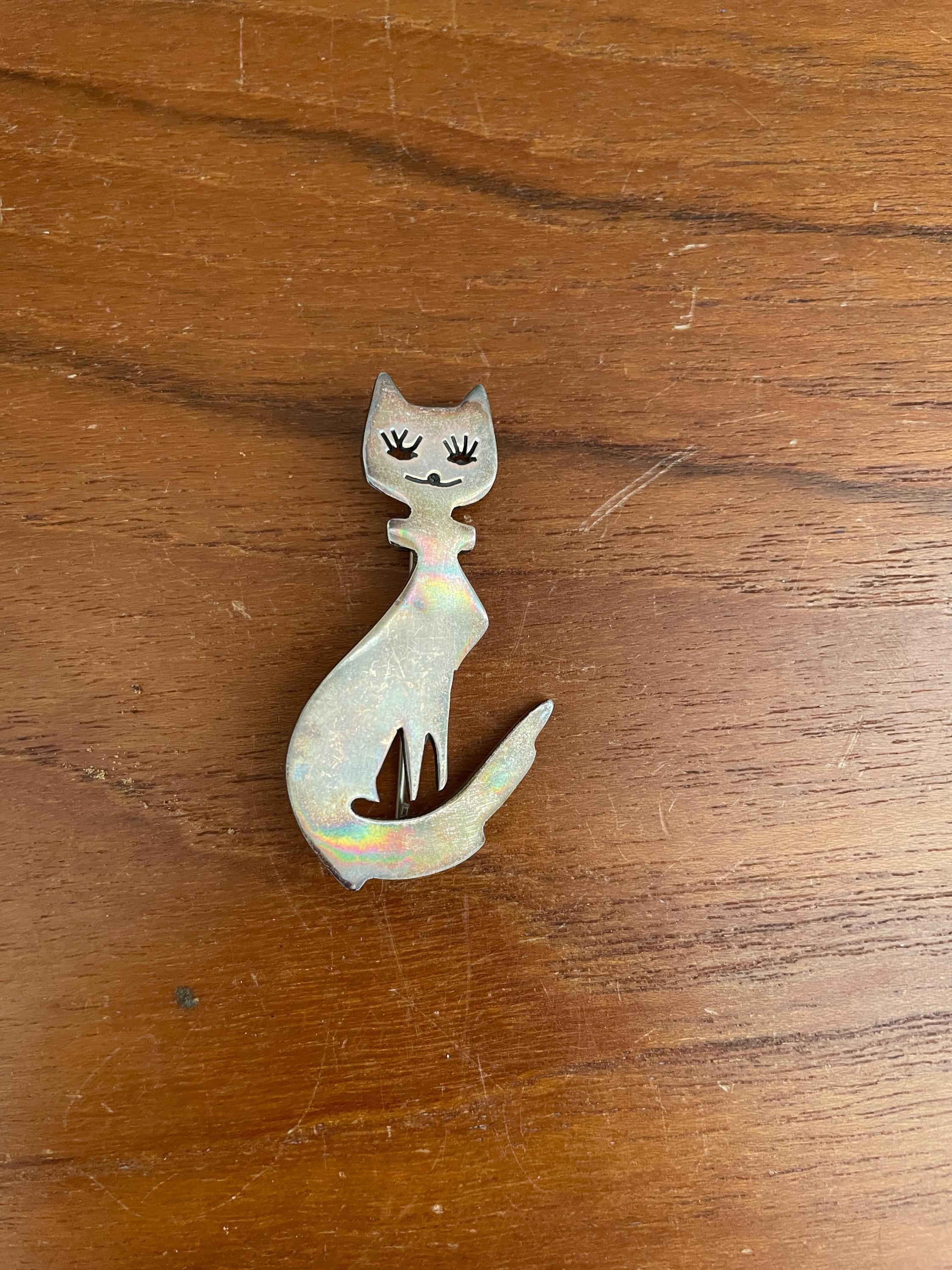 Vintage Mid Century Modern Sterling Silver Cat Brooch