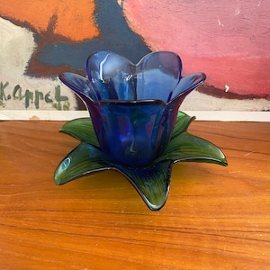 Vintage Studio Nova Blue Tulips Glass Candleholders