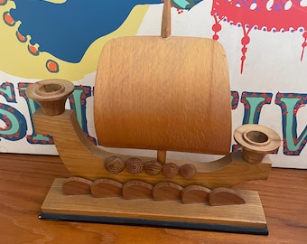 Retro Wood Viking Ship Candle Holder