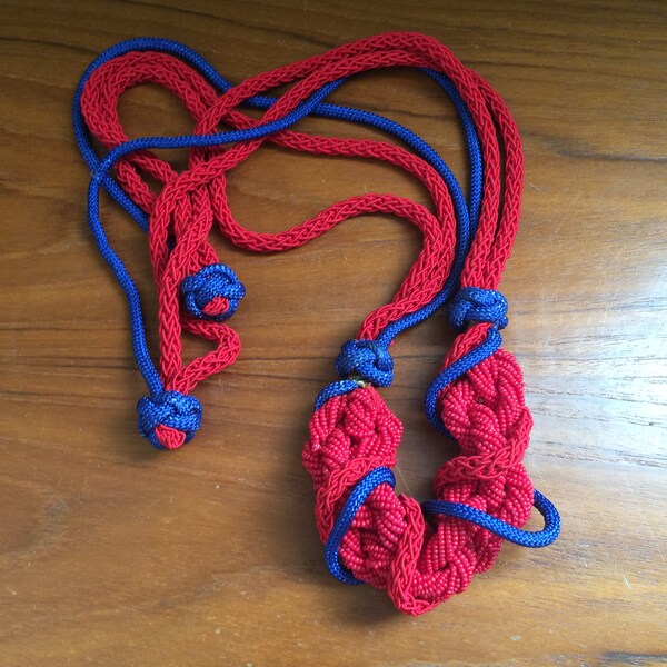Vintage Rope and Bead Necklace in Red and Blue