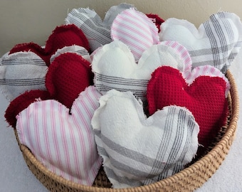 Farmhouse stuffed fabric hearts/Bowl Fillers/Tiered Tray Décor/Heart Decorations/Set of 3/rustic hearts/country décor/Valentines Day