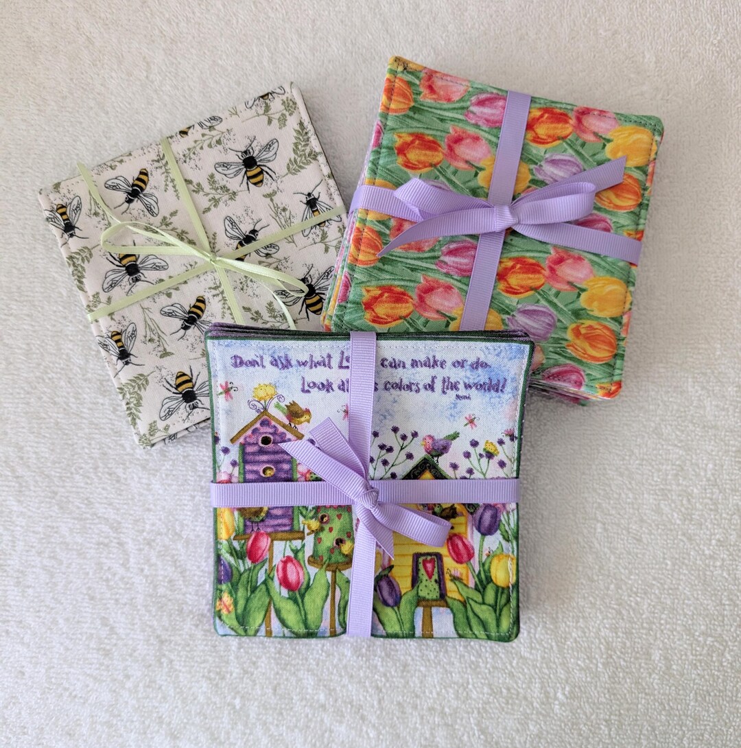 Spring Wool Coasters Reversible Cotton Coasters (set of 4 or 6): Spring, Bee & Floral Theme ...