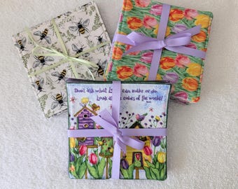 Reversible Cotton Coasters (Set of 4 or 6): Spring, Bee & Floral Theme
