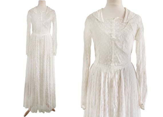 1940s Embroidered Net Wedding Dress with Small Col