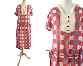 1920s Red Check Cotton Day Dress