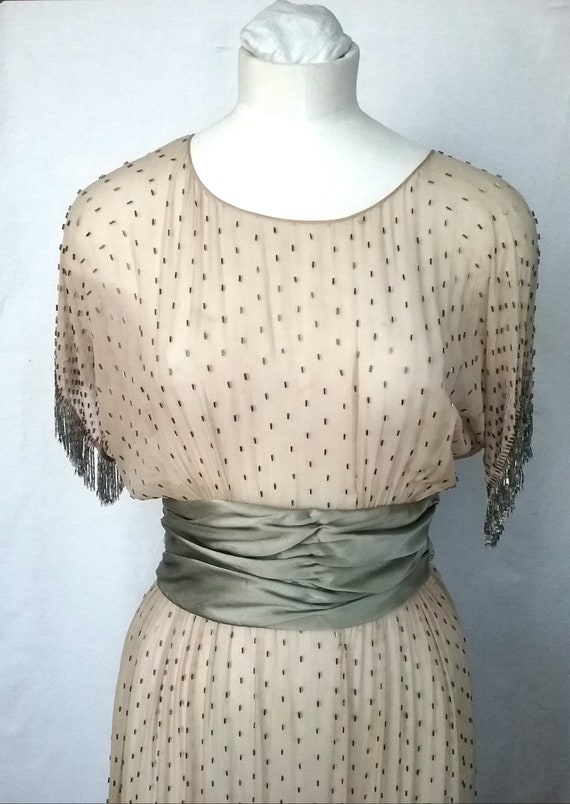 1920s silk Chiffon Beaded Dress with Fringing