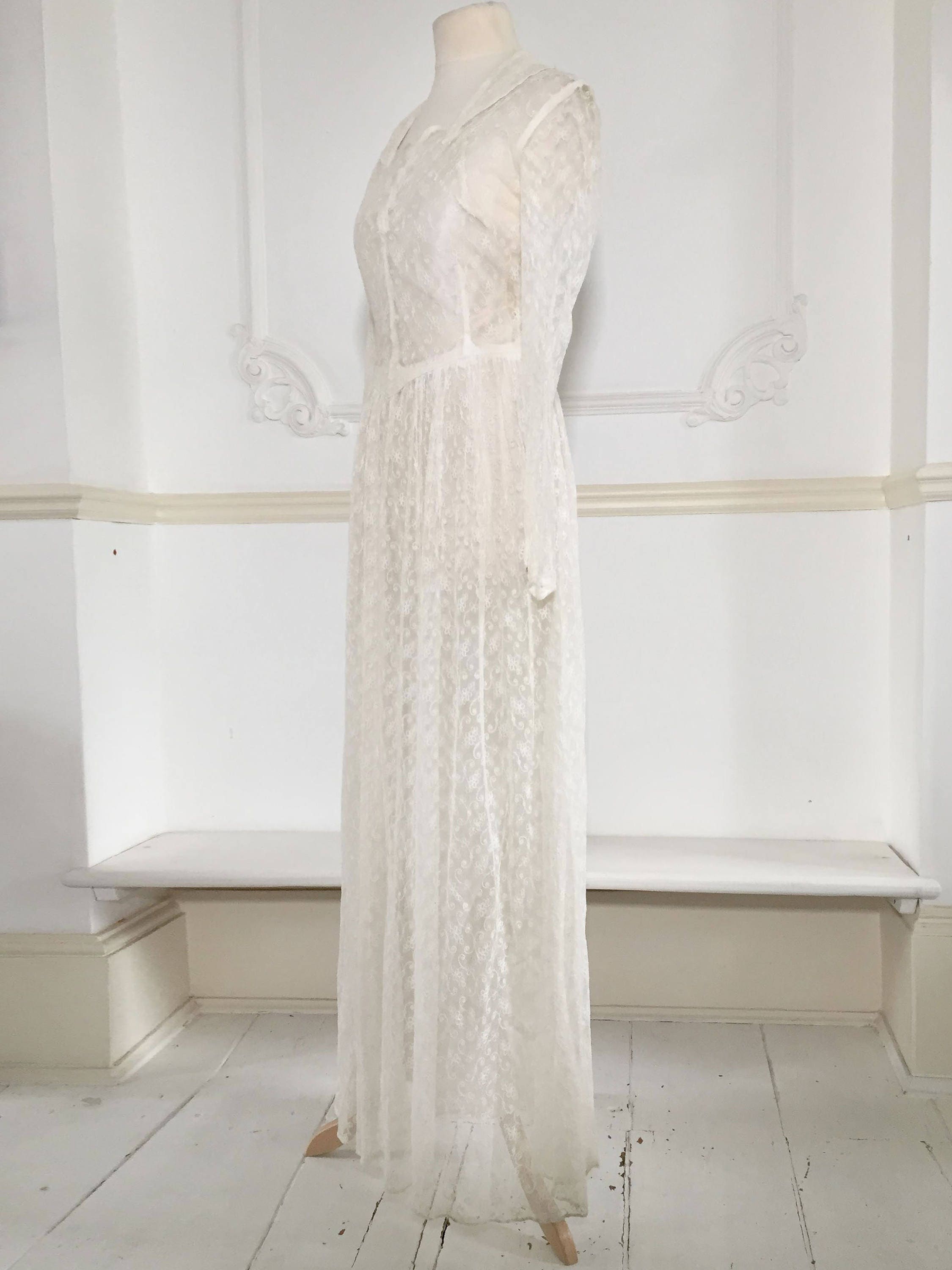 1940s Embroidered Net Wedding Dress With Small Collar - Etsy