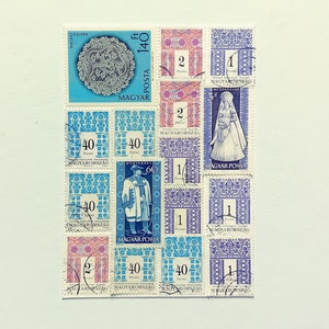 切手コラージュ、オリジナル、ユニーク、ポストカードサイズ、ハンガリーの民芸モチーフ、1950～1980 年頃のヴィンテージ切手