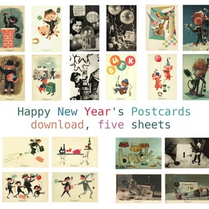 Vintage Neujahrs Postkarten. DIGITAL. Künstler Kinder Illustrationen und Schwarzweiß- und Farbfotos, 1960er Jahre, ungarisch, Download 300 dpi