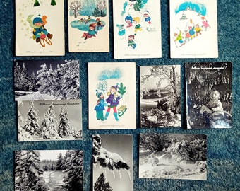 Christmas Postcards, Snowy landscapes, Used, 1960s-70s, Set of 12, Black and white photos and artist postcards, Vintage, Hungarian