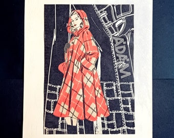 Fashion collage, ORIGINAL, UNIQUE, Lady in coat. Chequered motives. From vintage magazines  of the 1940s and 1960s