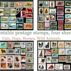 100 sellos postales de animales. DIGITAL. Fondo negro. Perros, Gatos, Caballos, Animales Salvajes. Antiguo. California. 1950-1980. Descargar Imprimible 300 DPI