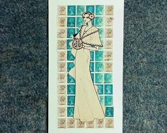 Collagenbild, ORIGINAL, Braut mit Königin Elisabeth-Briefmarken, Vintage 1970er Jahre