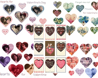 Hearts for Valentine&#39;s Day, DIGITAL junk journal kits. Five sheets. Download Printable 300 DPI