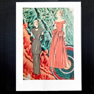 Collage di moda, ORIGINALE, UNICO, Signora in cappotto. Motivi a scacchi. Da riviste vintage degli anni '40 e '60