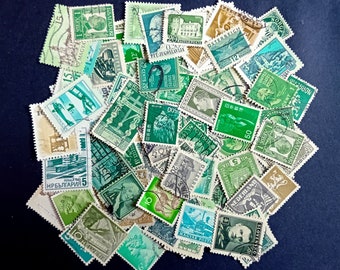 Green postage stamps, set of 100, all different, some of them yellow or brown, antique and vintage, from many countries, about 1890-1980