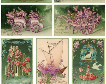 Floral Pictures. 7 Antique DIGITAL Postcards. Vehicles, Bicycle, Boat. Forget Me Nots, Roses. Vintage. Download Printable 300 DPI