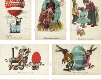 Seven Vintage Easter Postcards. DIGITAL Artist Children Illustrations. 1960s. Rabbits, Download Printable 300 DPI. Hungarian