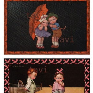 Vier Künstlerpostkarten, DIGITAL, für Kinder Antik, gerahmt, Valentinstag. 1920er Jahre. Enrico Colombo. Jahrgang. Download Druckbar 300 DPI