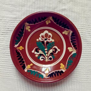 Vintage Traditional Hungarian Plate, Hand Painted Folk Art, Wall Hanging, Dark Brown with Flowers, 7.8&quot;
