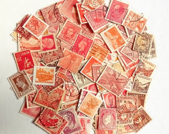 Red postage stamps, set of 100, all different, some of them orange or brown, antique and vintage, from many countries, about 1890-1980