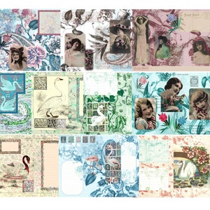Puede incluir: Una hoja de collage digital con 12 imágenes diferentes. Las imágenes presentan cisnes, flamencos, mujeres vintage y patrones florales. Las imágenes están en una variedad de colores, incluyendo azul, verde, rosa y blanco.