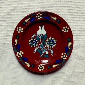Vintage Traditional Hungarian Plate, Hand Painted Folk Art, Wall Hanging, Dark Brown with Flowers, 7.4&quot;