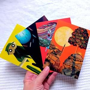 Set van 4 collages op briefkaartformaat. Afdrukken. Surrealisme