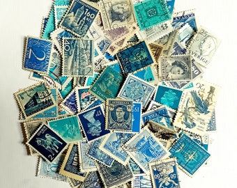 Blue postage stamps, set of 100, all different, antique and vintage, from many countries, about 1890-1980